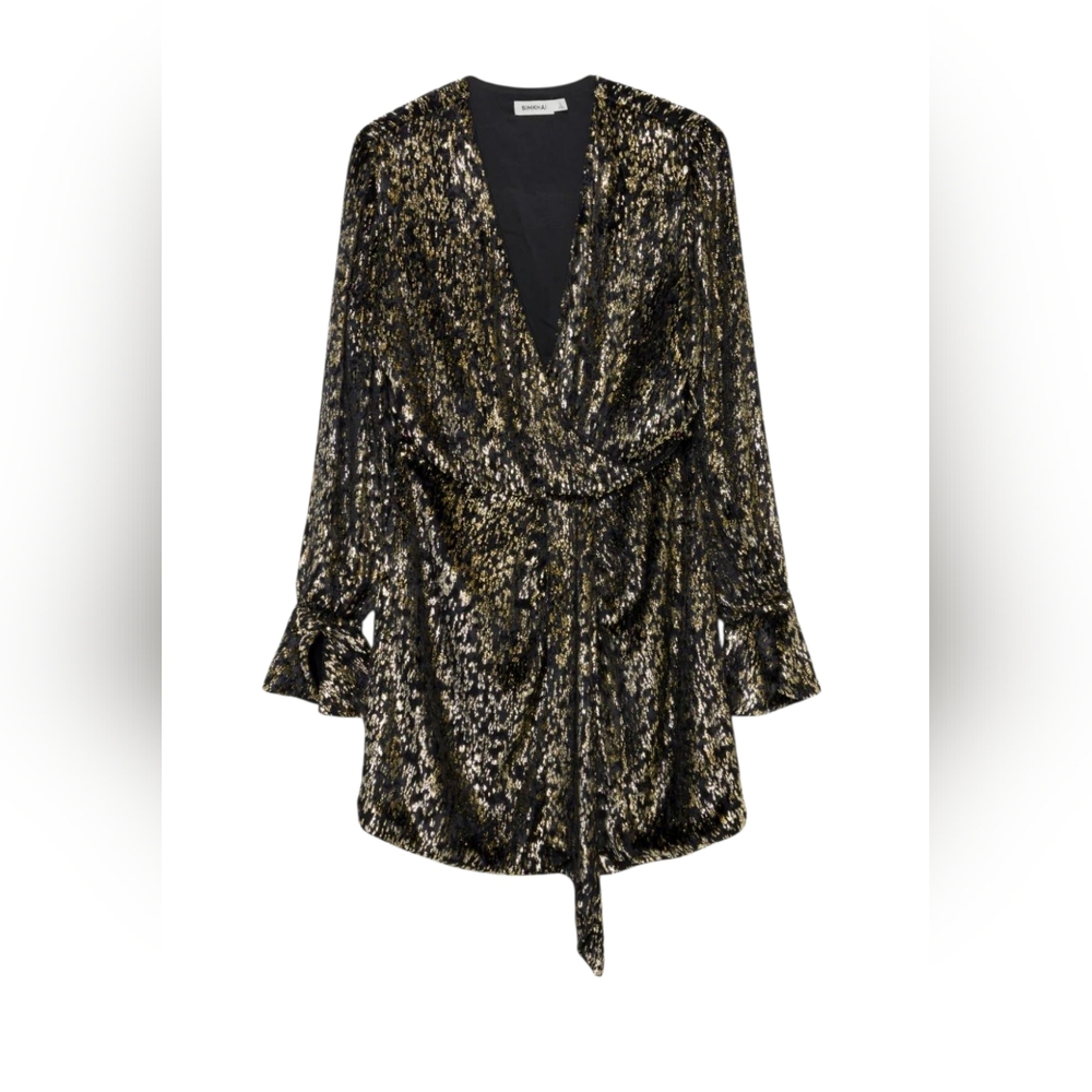 NWT $595 Simkhai Camryn Metallic Faux Wrap Mini Dress Black Gold Sz 10 Party - Picture 3 of 15